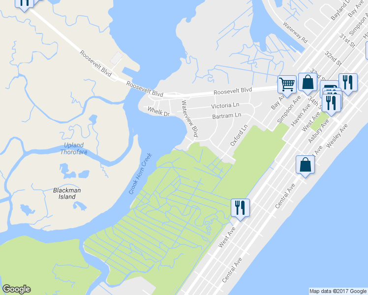 map of restaurants, bars, coffee shops, grocery stores, and more near 3820 Waterview Boulevard in Ocean City