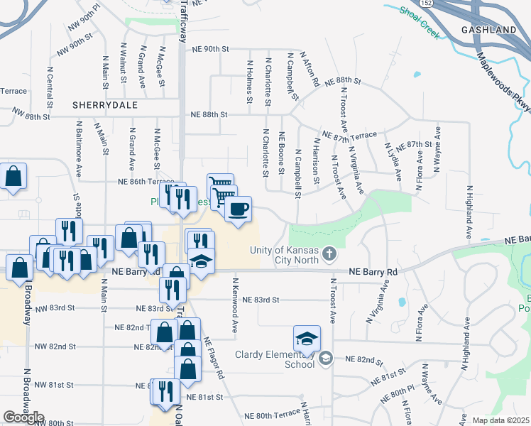 map of restaurants, bars, coffee shops, grocery stores, and more near 703 Northeast 85th Terrace in Kansas City