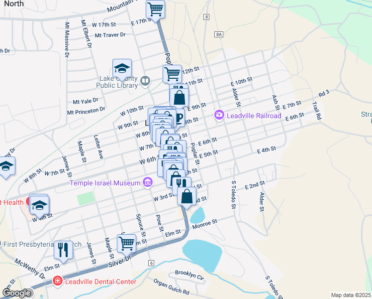map of restaurants, bars, coffee shops, grocery stores, and more near 113 East 6th Street in Leadville
