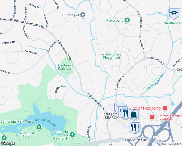 map of restaurants, bars, coffee shops, grocery stores, and more near 9702 Gretchen Lane in Ellicott City