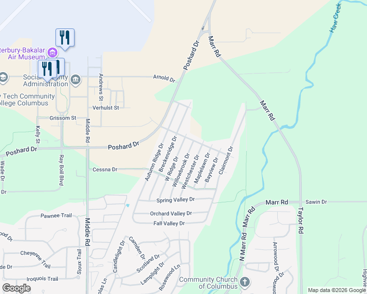 map of restaurants, bars, coffee shops, grocery stores, and more near 4692 West Ridge Drive in Columbus