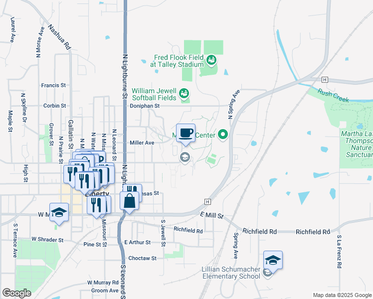map of restaurants, bars, coffee shops, grocery stores, and more near in Liberty