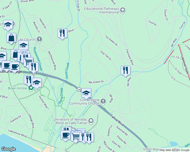 map of restaurants, bars, coffee shops, grocery stores, and more near 982 Sand Iron Drive in Incline Village