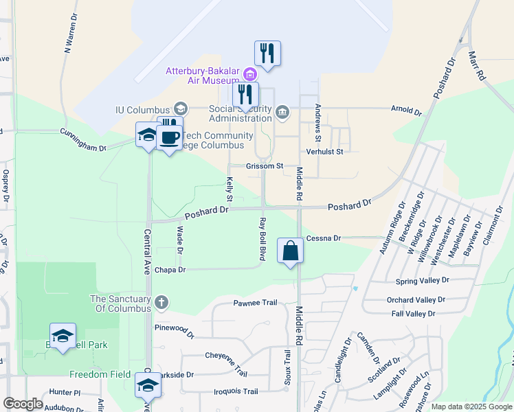 map of restaurants, bars, coffee shops, grocery stores, and more near 4400 Ray Boll Boulevard in Columbus