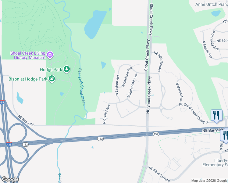 map of restaurants, bars, coffee shops, grocery stores, and more near 8536 North Eastern Avenue in Kansas City