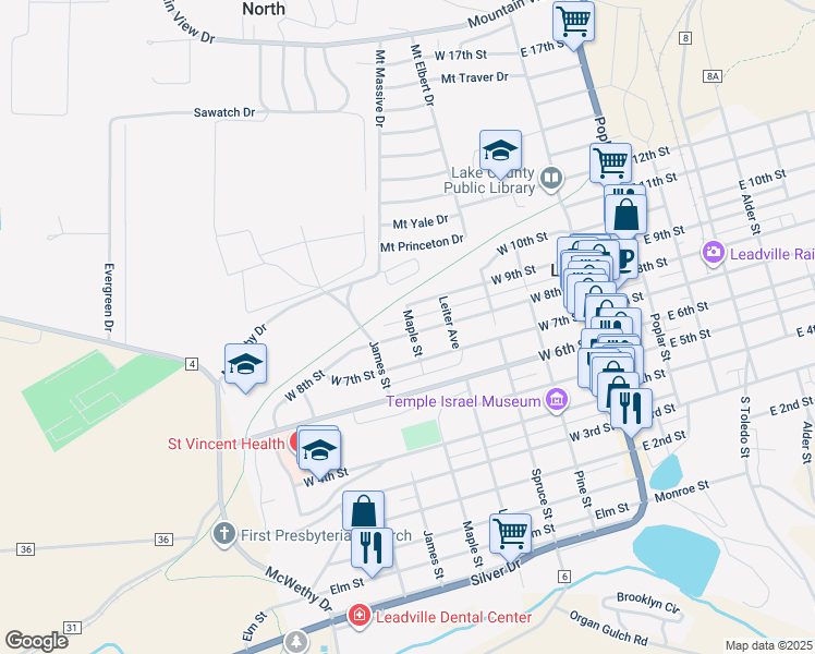 map of restaurants, bars, coffee shops, grocery stores, and more near 418 West 8th Street in Leadville