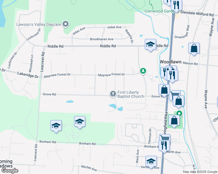 map of restaurants, bars, coffee shops, grocery stores, and more near 10055 Ronnie Road in Cincinnati