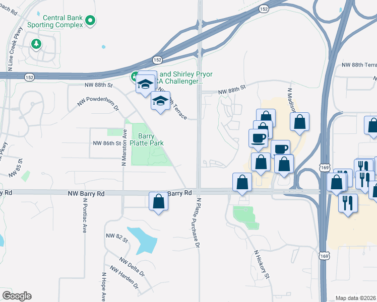 map of restaurants, bars, coffee shops, grocery stores, and more near 8500 North Platte Purchase Drive in Kansas City