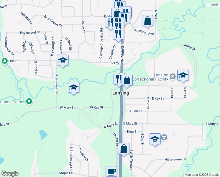 map of restaurants, bars, coffee shops, grocery stores, and more near 104 West Kansas Avenue in Lansing