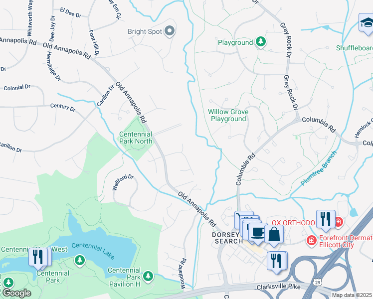 map of restaurants, bars, coffee shops, grocery stores, and more near 9702 Gretchen Lane in Ellicott City