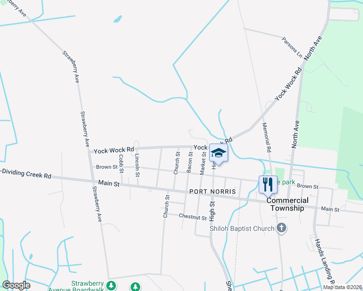 map of restaurants, bars, coffee shops, grocery stores, and more near 2303 Bacon Street in Commercial Township