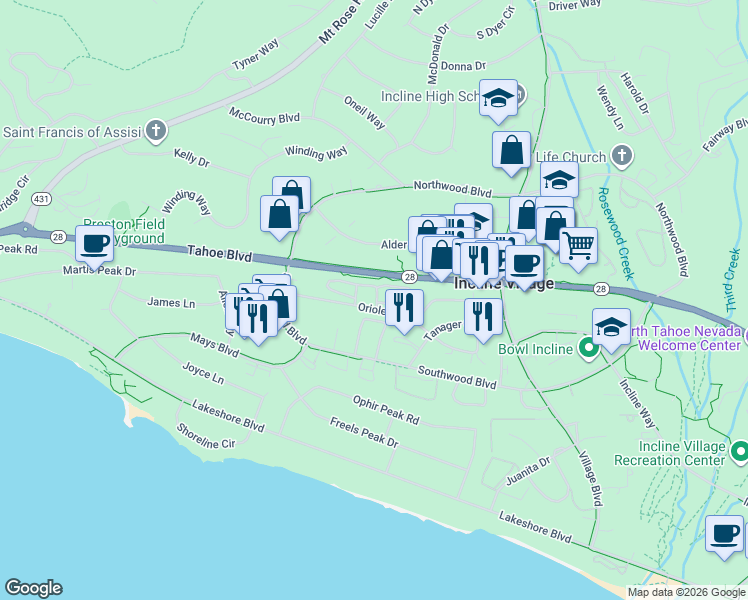 map of restaurants, bars, coffee shops, grocery stores, and more near 830 Oriole Way in Incline Village