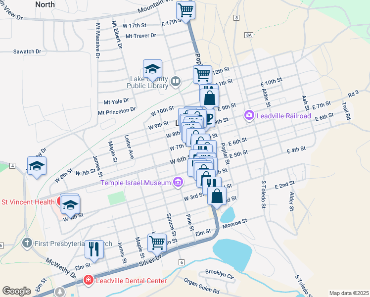 map of restaurants, bars, coffee shops, grocery stores, and more near 117 West 7th Street in Leadville