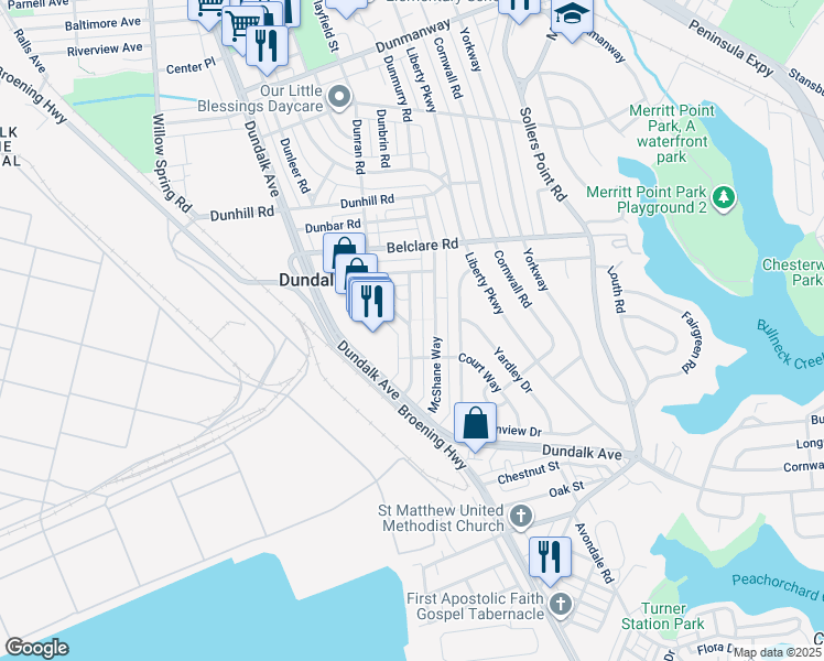 map of restaurants, bars, coffee shops, grocery stores, and more near 3469 Dunhaven Road in Dundalk