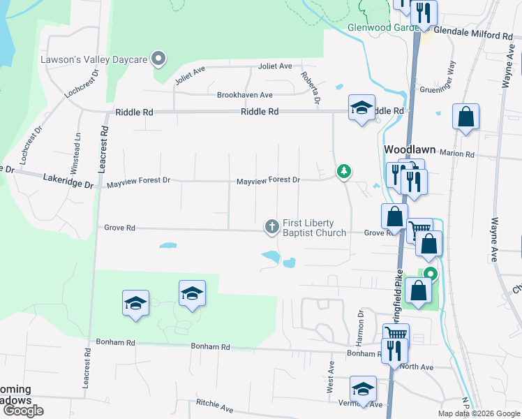 map of restaurants, bars, coffee shops, grocery stores, and more near 10055 Ronnie Road in Cincinnati