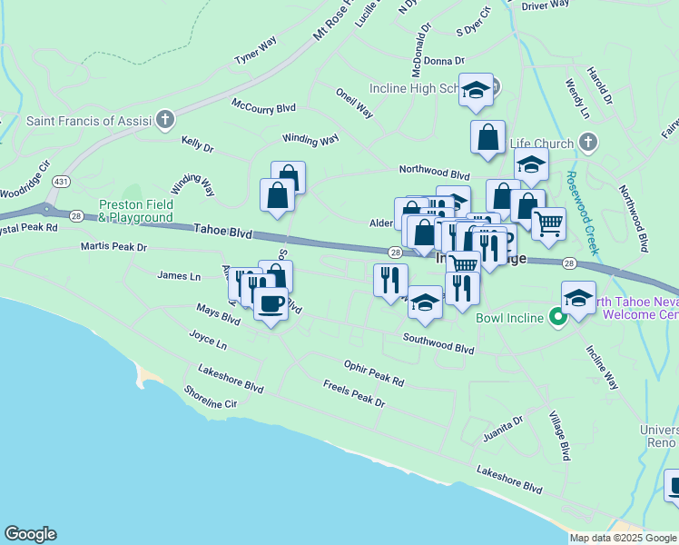 map of restaurants, bars, coffee shops, grocery stores, and more near 820 Oriole Way in Incline Village