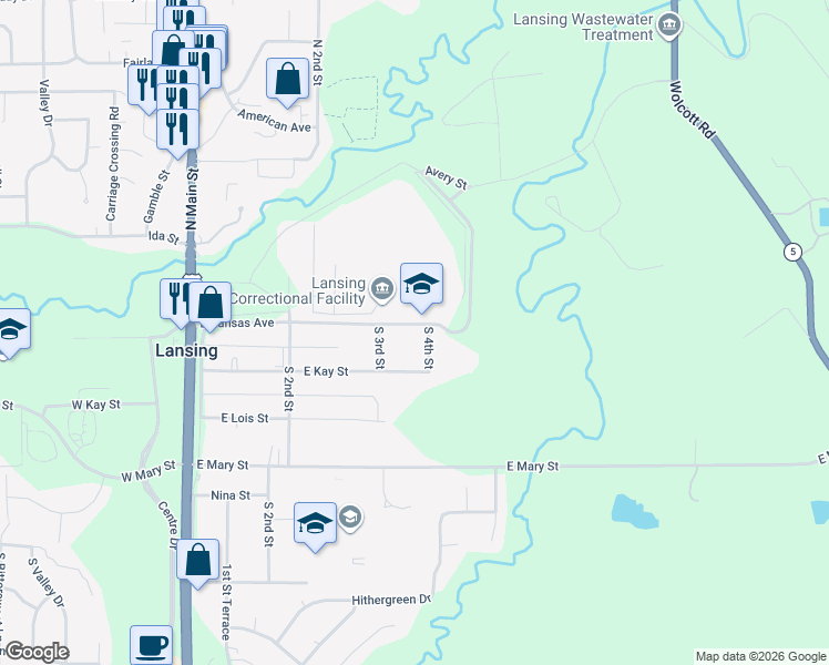 map of restaurants, bars, coffee shops, grocery stores, and more near 310 East Kansas Street in Lansing