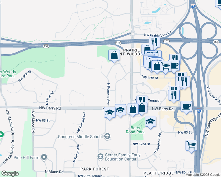 map of restaurants, bars, coffee shops, grocery stores, and more near 8515 North Pomona Avenue in Kansas City