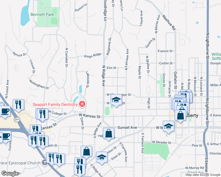 map of restaurants, bars, coffee shops, grocery stores, and more near 721 Walnut St in Liberty