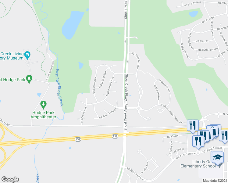 map of restaurants, bars, coffee shops, grocery stores, and more near 7608 Northeast 86th Street in Kansas City