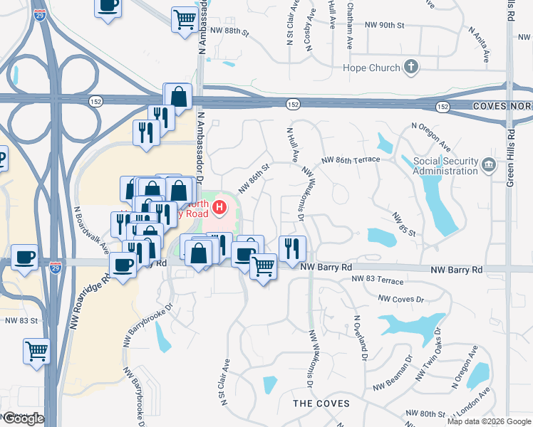 map of restaurants, bars, coffee shops, grocery stores, and more near 8508 North Mattox Road in Kansas City