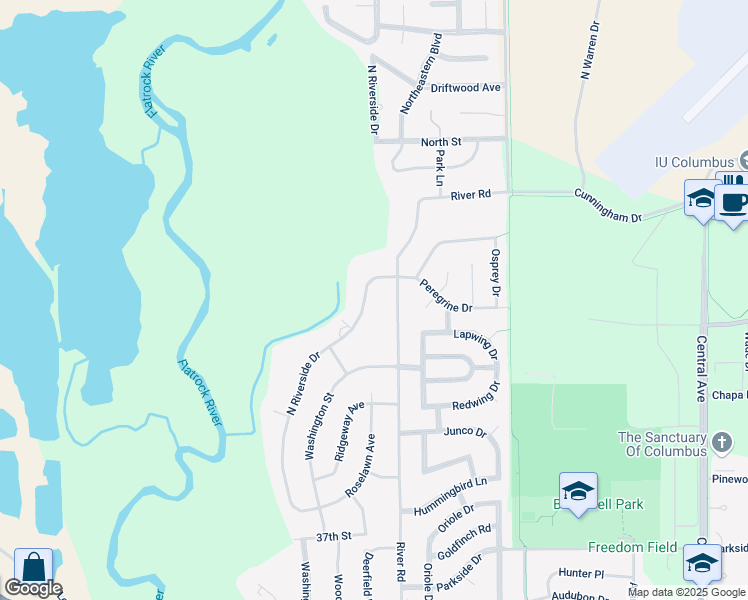 map of restaurants, bars, coffee shops, grocery stores, and more near 4385 North Riverside Drive in Columbus