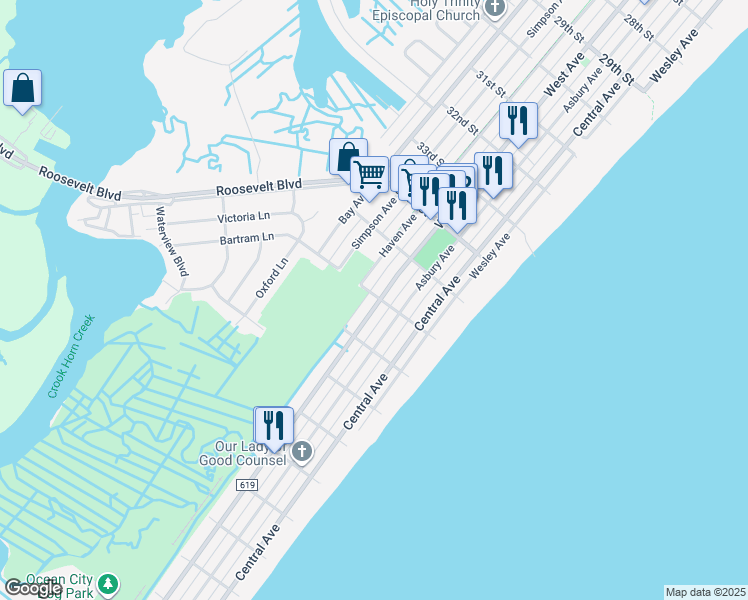 map of restaurants, bars, coffee shops, grocery stores, and more near 3602 West Avenue in Ocean City