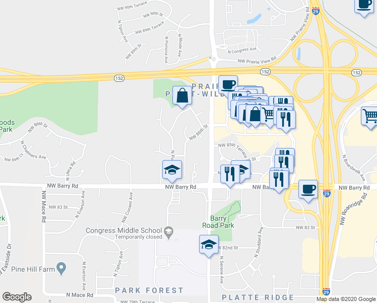 map of restaurants, bars, coffee shops, grocery stores, and more near 8519 North Rhode Avenue in Kansas City
