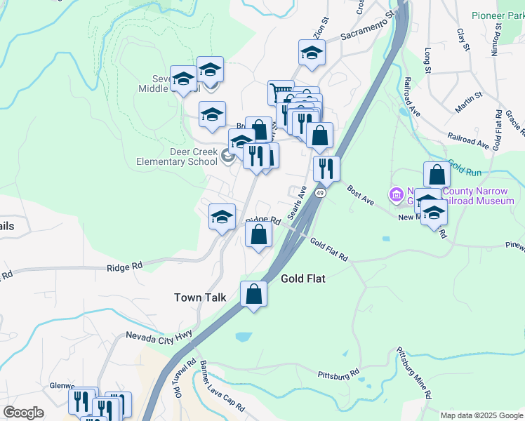 map of restaurants, bars, coffee shops, grocery stores, and more near 170 Ridge Road in Nevada City