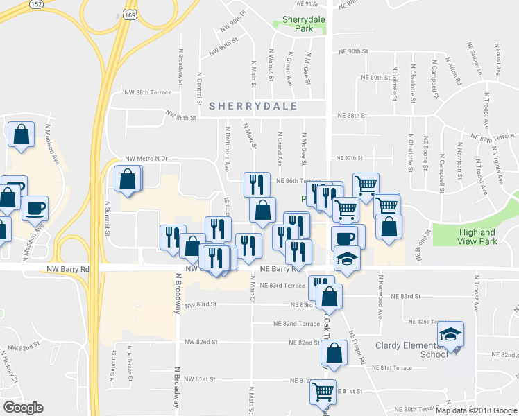 map of restaurants, bars, coffee shops, grocery stores, and more near 8519 North Main Street in Kansas City