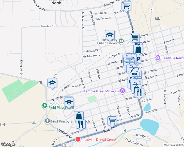 map of restaurants, bars, coffee shops, grocery stores, and more near 418 West 8th Street in Leadville