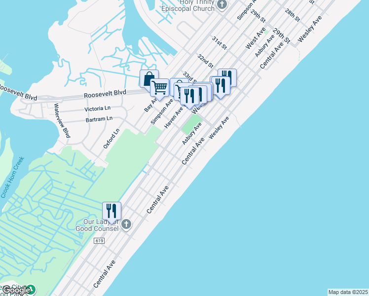 map of restaurants, bars, coffee shops, grocery stores, and more near 3533 Asbury Avenue in Ocean City