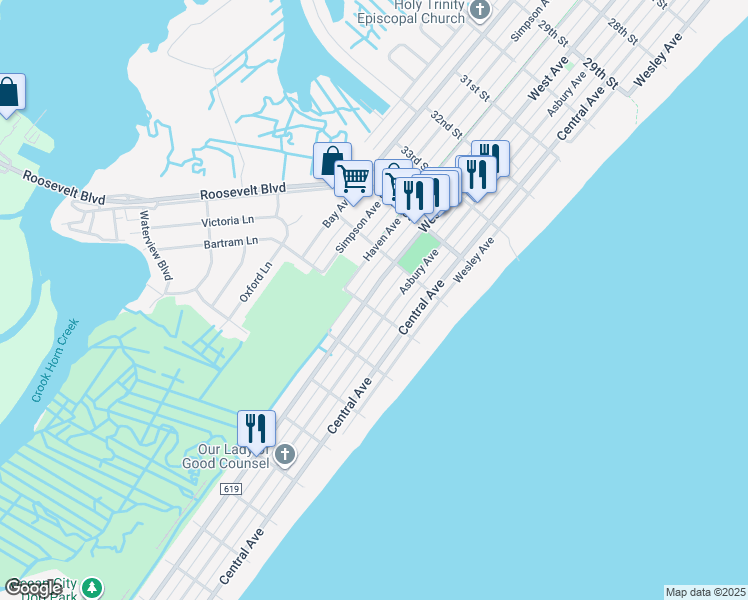 map of restaurants, bars, coffee shops, grocery stores, and more near 3602 West Avenue in Ocean City