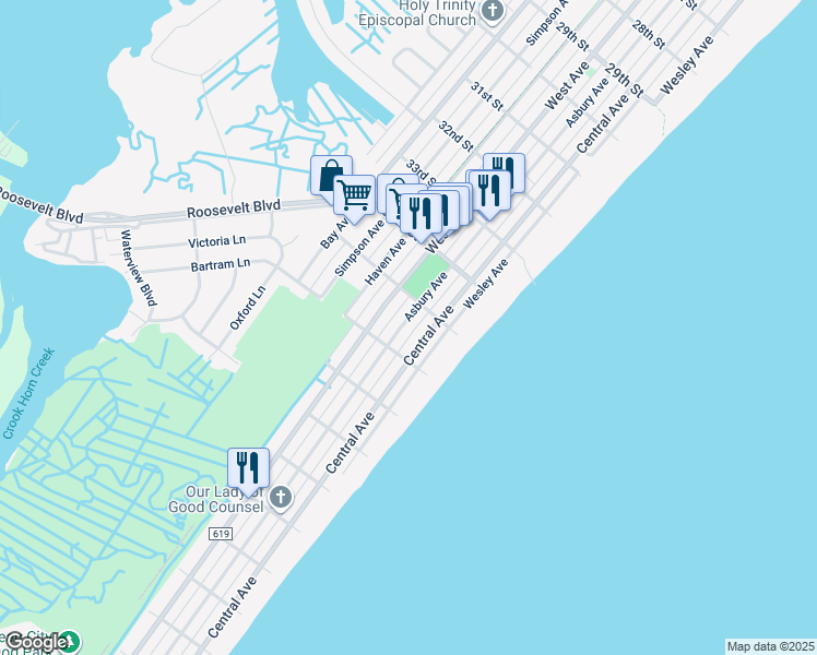 map of restaurants, bars, coffee shops, grocery stores, and more near 3533 Asbury Avenue in Ocean City