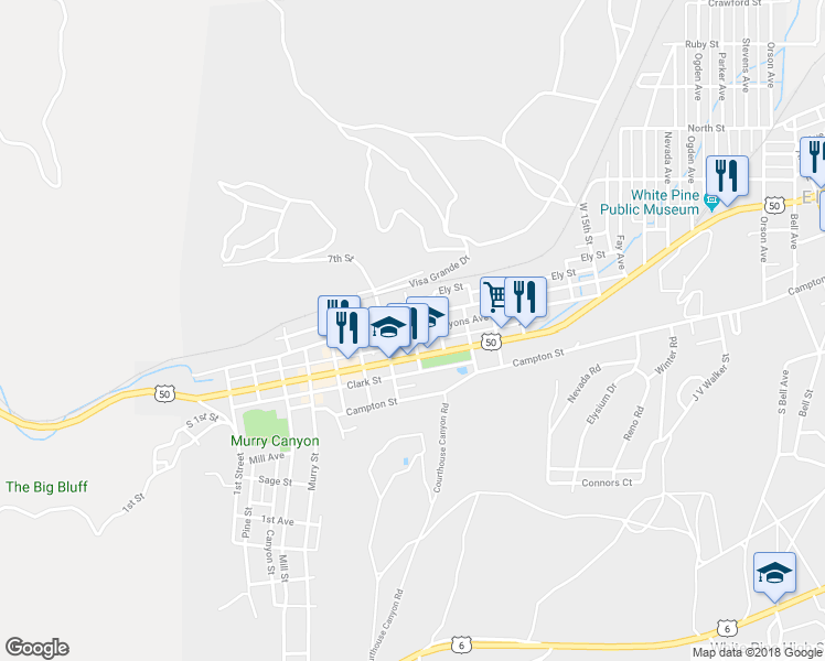 map of restaurants, bars, coffee shops, grocery stores, and more near 8th Street in Ely