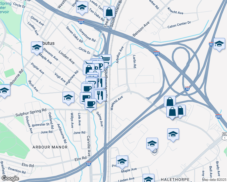 map of restaurants, bars, coffee shops, grocery stores, and more near 1505 Sulphur Spring Road in Halethorpe