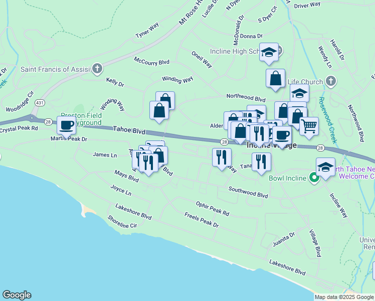 map of restaurants, bars, coffee shops, grocery stores, and more near 819 Oriole Way in Incline Village