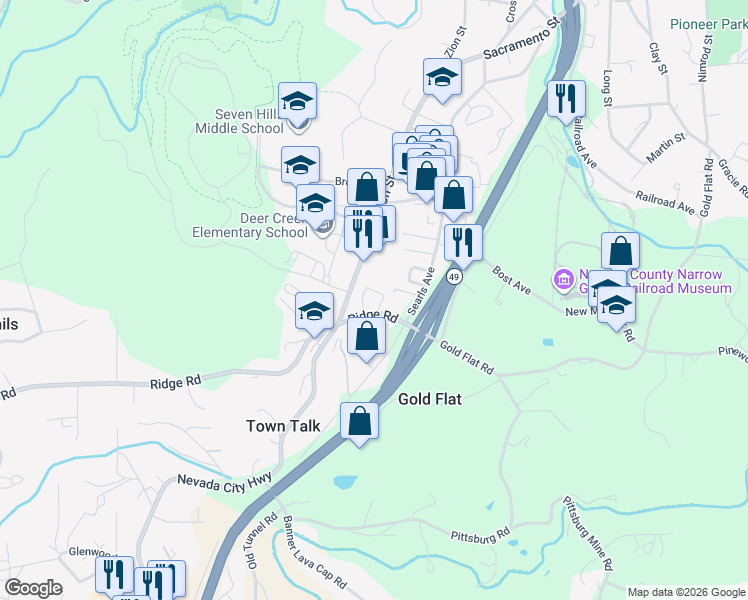 map of restaurants, bars, coffee shops, grocery stores, and more near in Nevada City