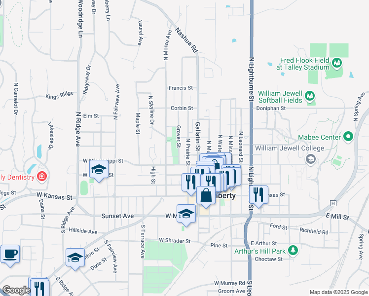 map of restaurants, bars, coffee shops, grocery stores, and more near 318 North Prairie Street in Liberty