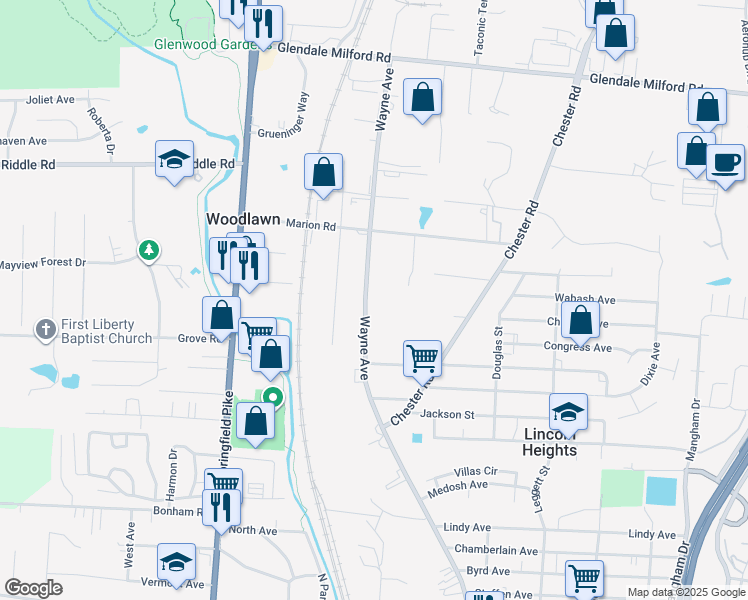 map of restaurants, bars, coffee shops, grocery stores, and more near 10090 Wayne Avenue in Cincinnati