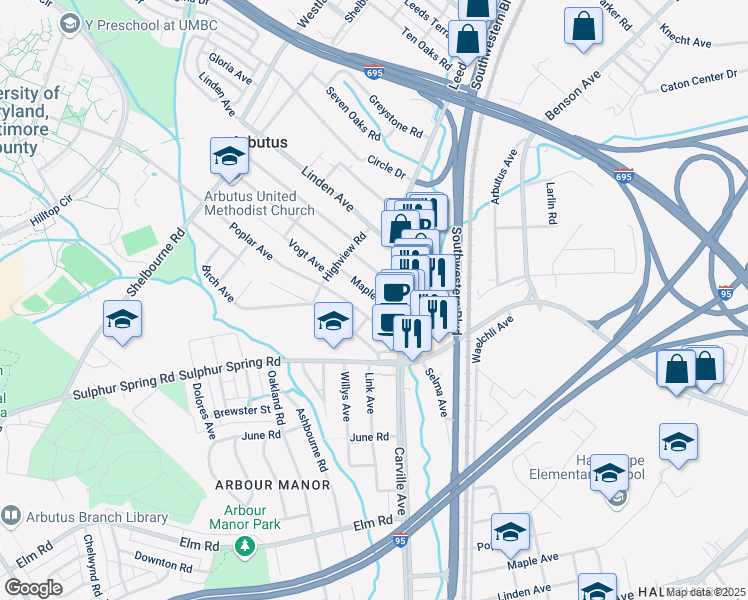 map of restaurants, bars, coffee shops, grocery stores, and more near 1323 Maple Avenue in Halethorpe