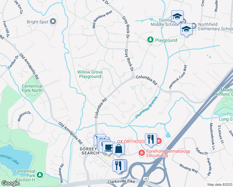 map of restaurants, bars, coffee shops, grocery stores, and more near 4703 Columbia Road in Ellicott City