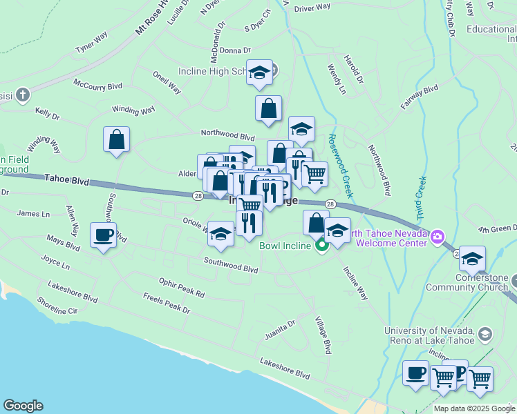 map of restaurants, bars, coffee shops, grocery stores, and more near 889 Tahoe Boulevard in Incline Village