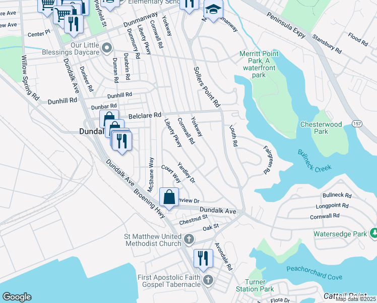 map of restaurants, bars, coffee shops, grocery stores, and more near 3421 Liberty Parkway in Dundalk