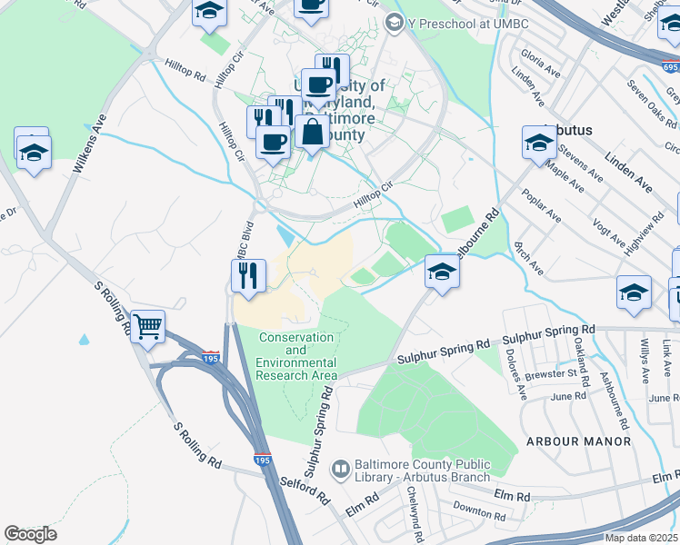 map of restaurants, bars, coffee shops, grocery stores, and more near 5520 Research Park Drive in Baltimore