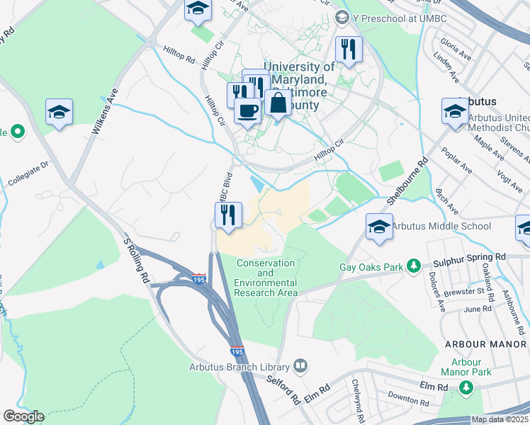 map of restaurants, bars, coffee shops, grocery stores, and more near 5521 Research Park Drive in Halethorpe