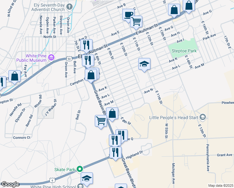 map of restaurants, bars, coffee shops, grocery stores, and more near 790 Avenue L in Ely