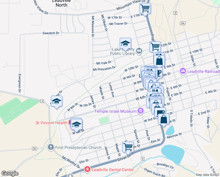 map of restaurants, bars, coffee shops, grocery stores, and more near 329 West 8th Street in Leadville