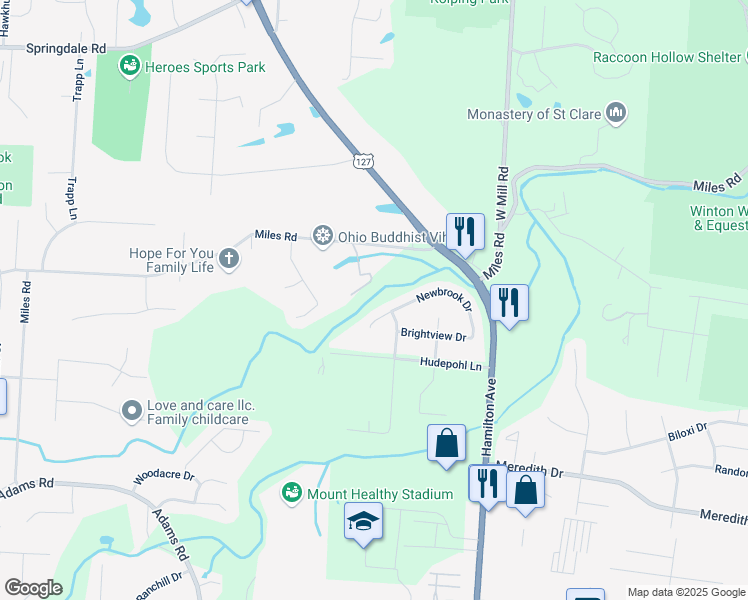 map of restaurants, bars, coffee shops, grocery stores, and more near 1805 Miles Road in Cincinnati