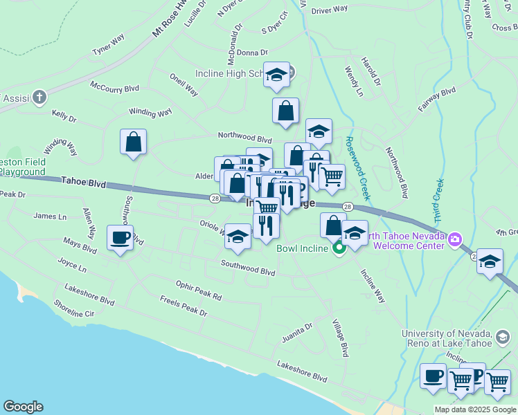 map of restaurants, bars, coffee shops, grocery stores, and more near 889 Tahoe Boulevard in Incline Village